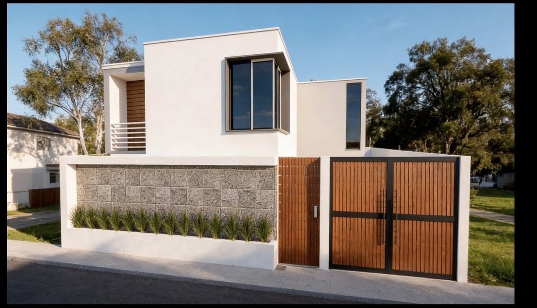 Proyecto residencial GRM Arquitectos, fachada con muro de piedra y portón de madera