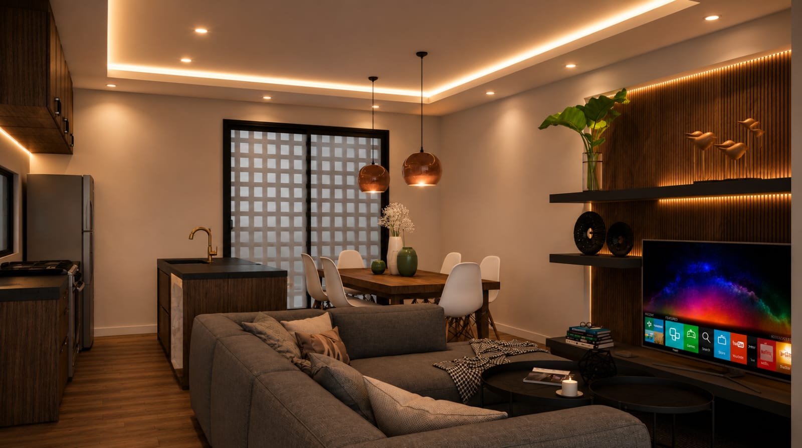 Interior de Casa Las Flores con sala, comedor y cocina