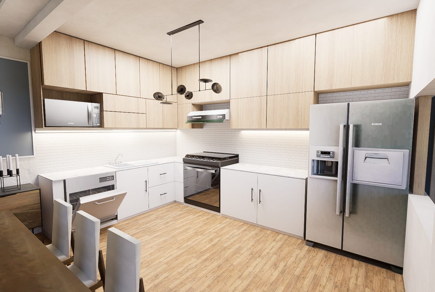 Cocina remodelada del proyecto Las Flores, vista frontal