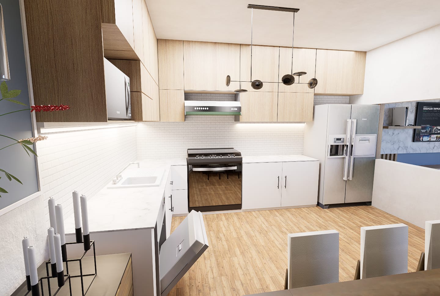 Cocina remodelada del proyecto Las Flores, vista lateral