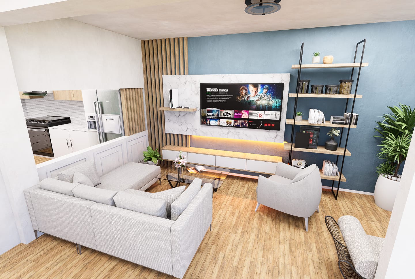 Sala remodelada del proyecto Las Flores, vista general